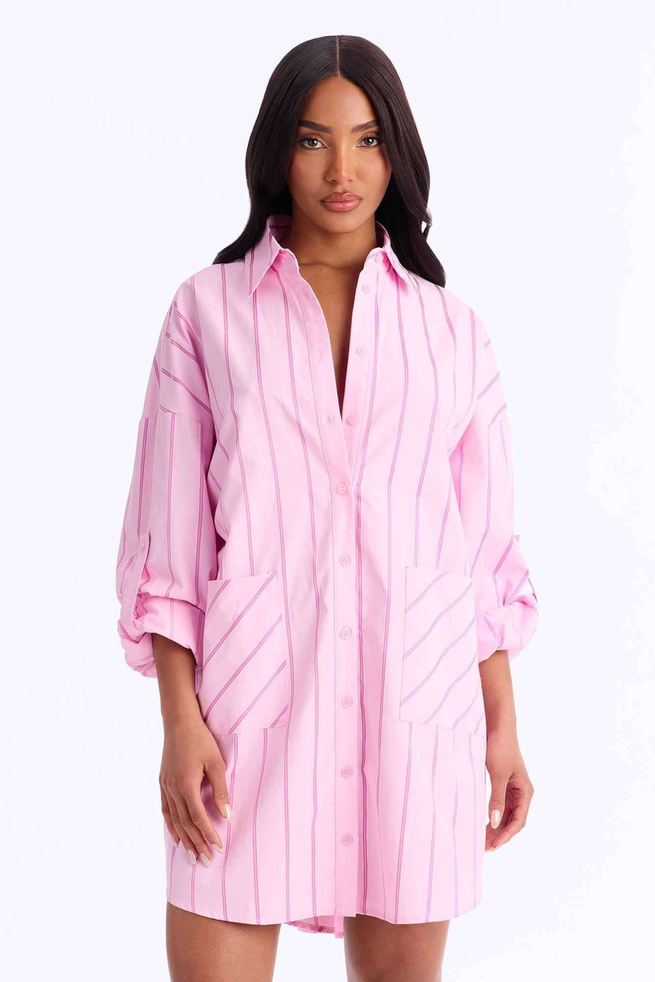 Izzy Pinstripe Shirt Micro Mini Dress - Pink Fashion Nova