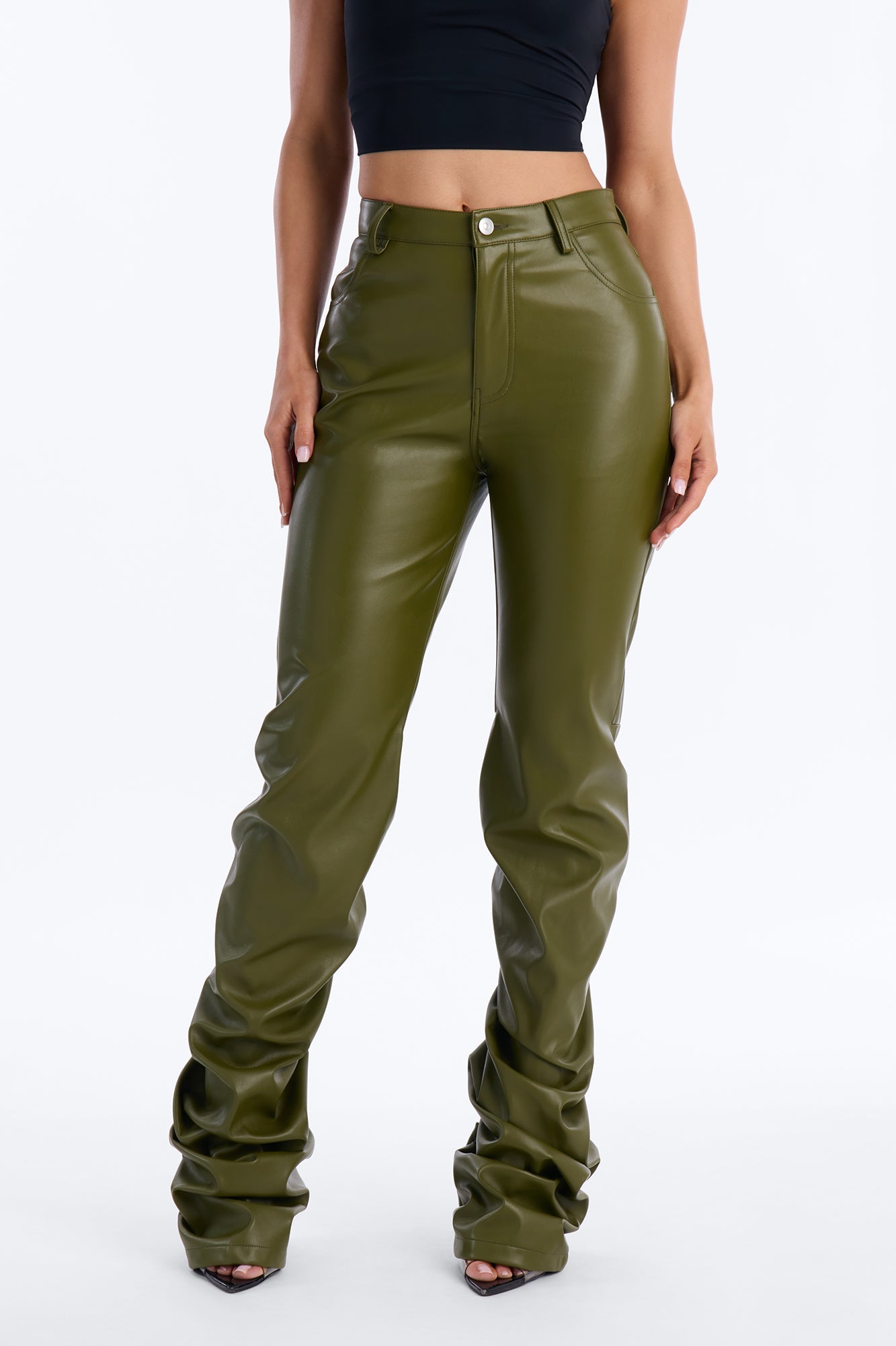 Making A Statement Faux Leather Stacked Pant 36 - Olive