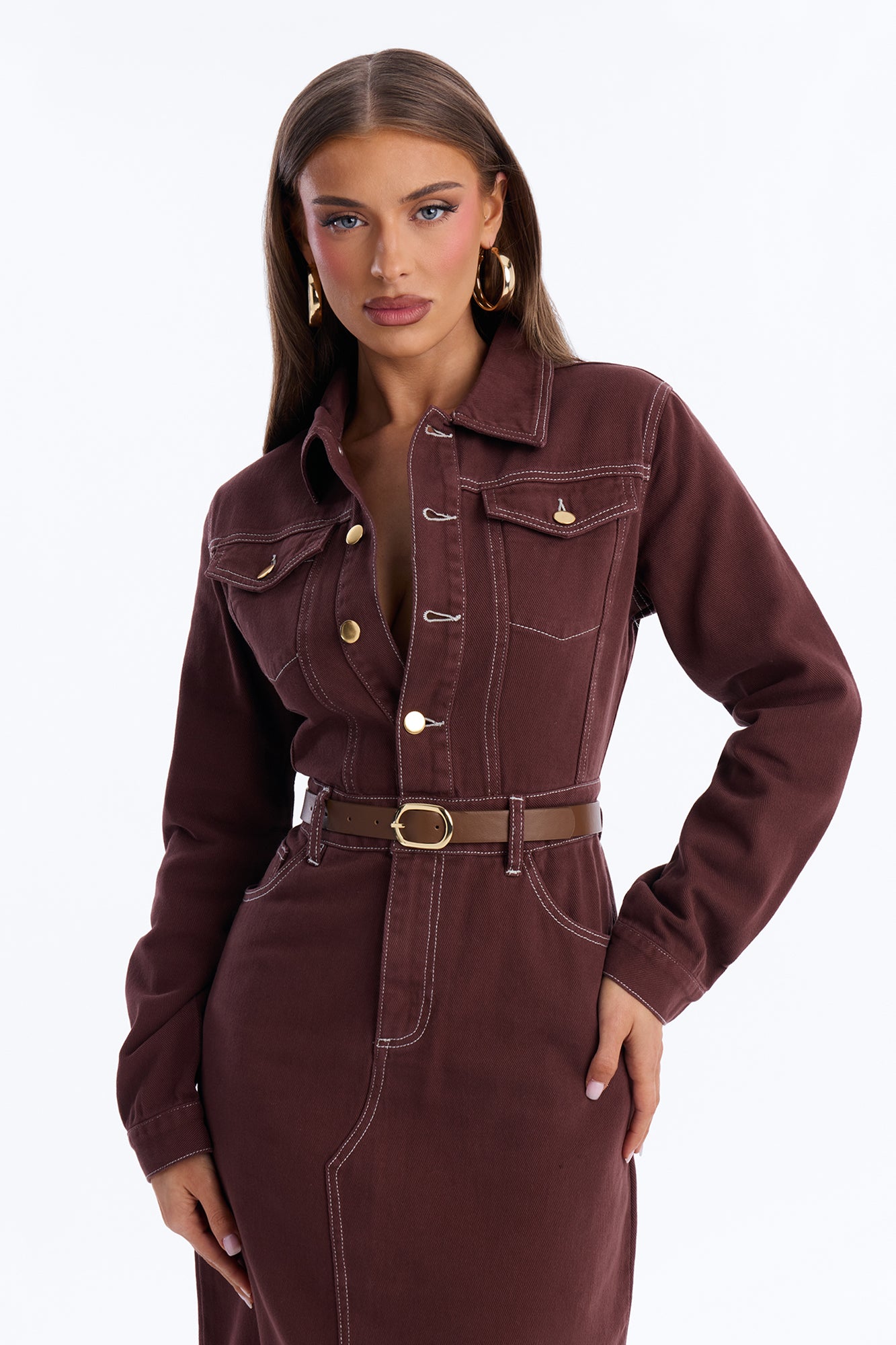 Harper Belted Denim Midi Dress - Brown