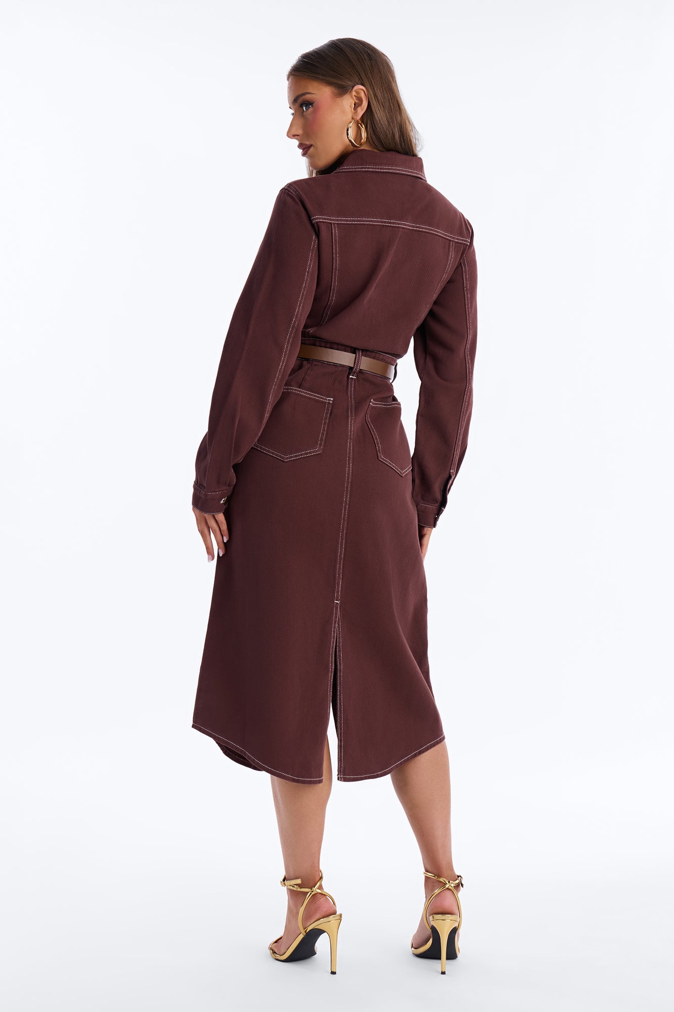 Harper Belted Denim Midi Dress - Brown