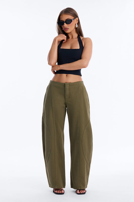 Maliah Low Rise Twill Barrel Leg Pants - Military Green