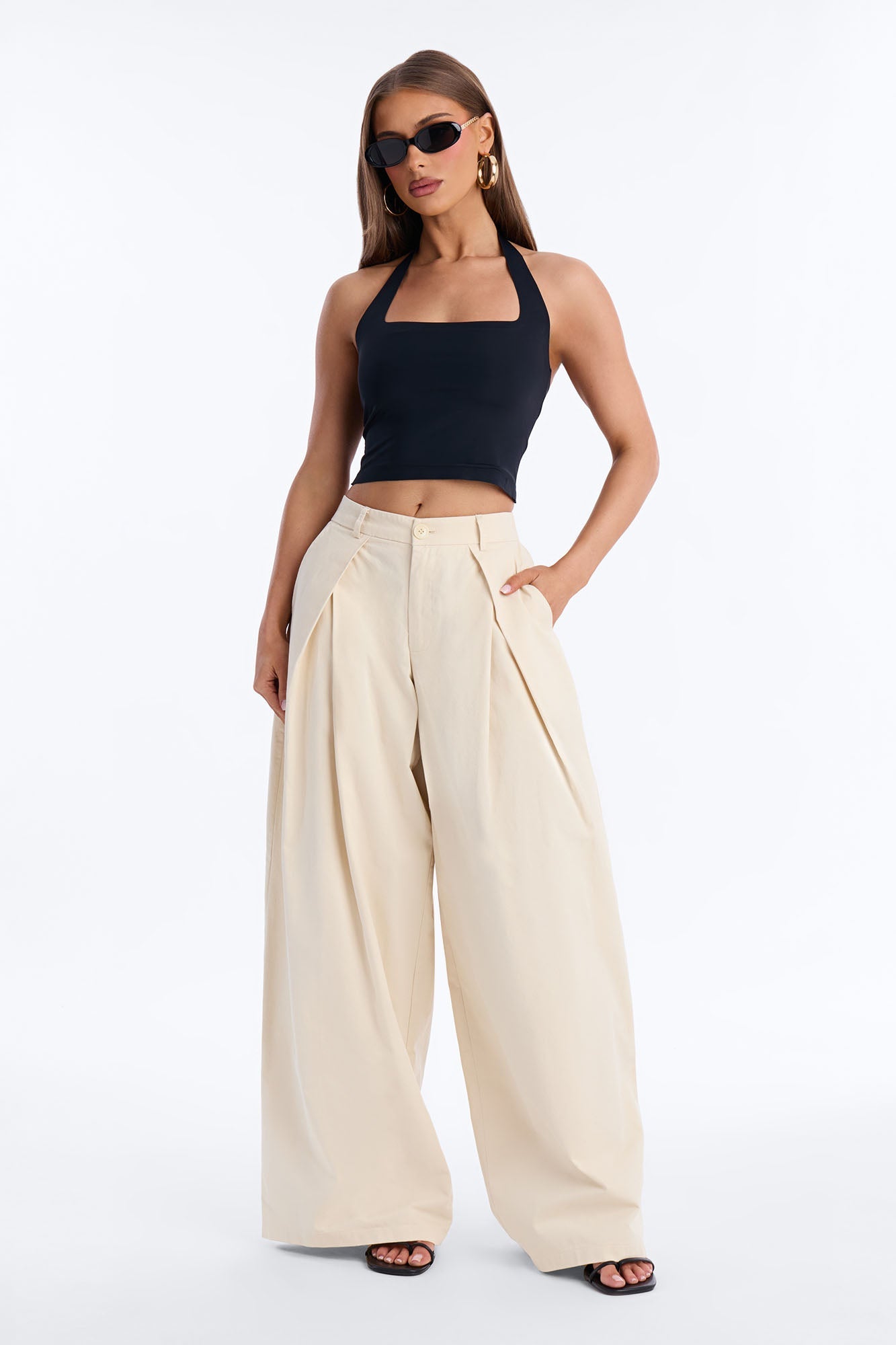 Daphnie Mid Rise Wide Leg Pleated Pant - Khaki