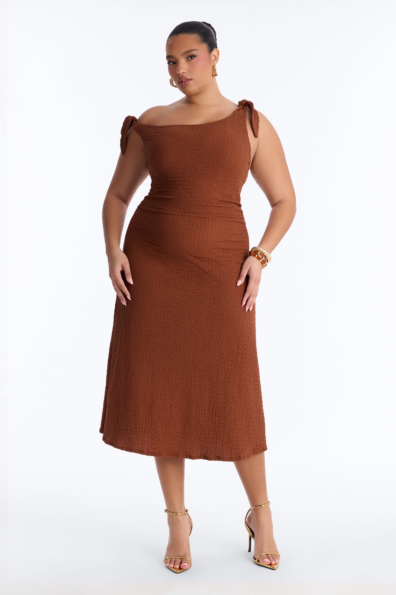 Crystal One Shoulder Textured Midi Dress - Chocolate