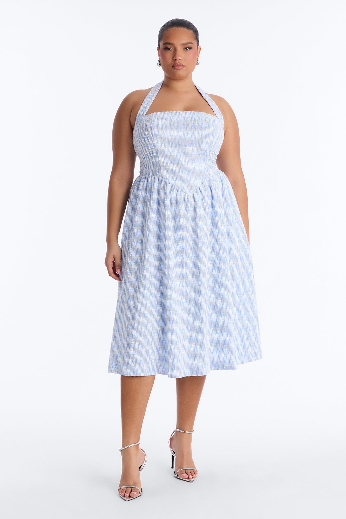 Fia Halter Tweed Midi Dress - Blue