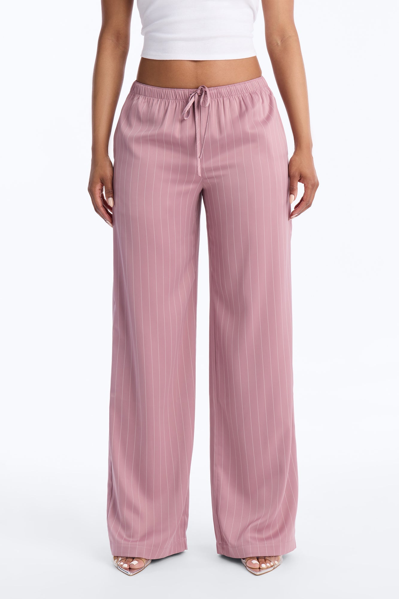 Lulu Pinstripe Satin Wide Leg Pant 32″ - Mauve