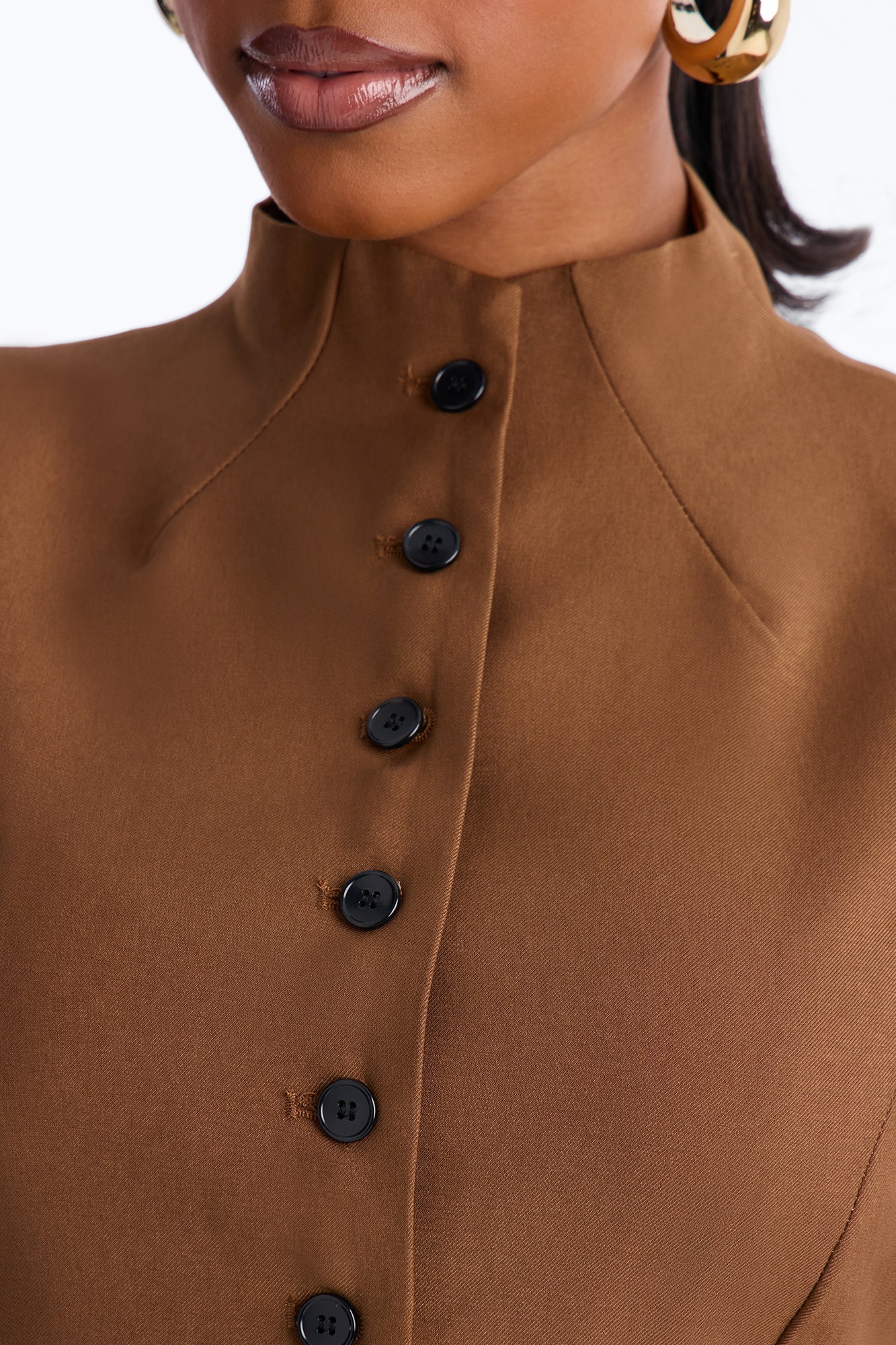 Lana Mock Neck Twill Top - Mocha