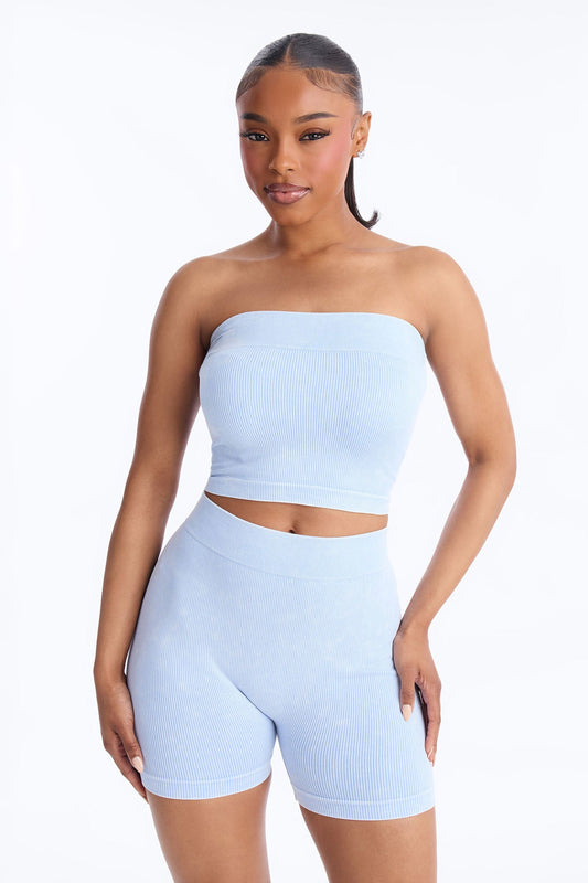 Off Duty Mineral Washed Strapless Short Set - Light Blue