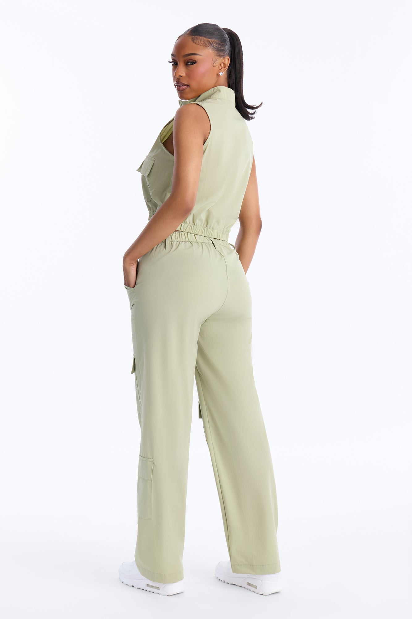 Nessa Nylon Cargo Sleeveless Vest Pant Set - Sage