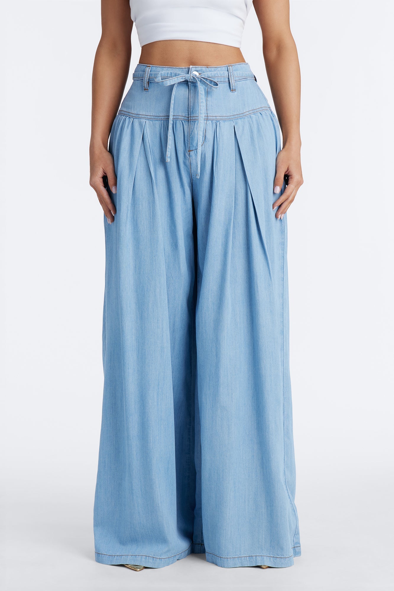 Golden Hour Chambray Tie Waist Pant 33″ - Light Wash