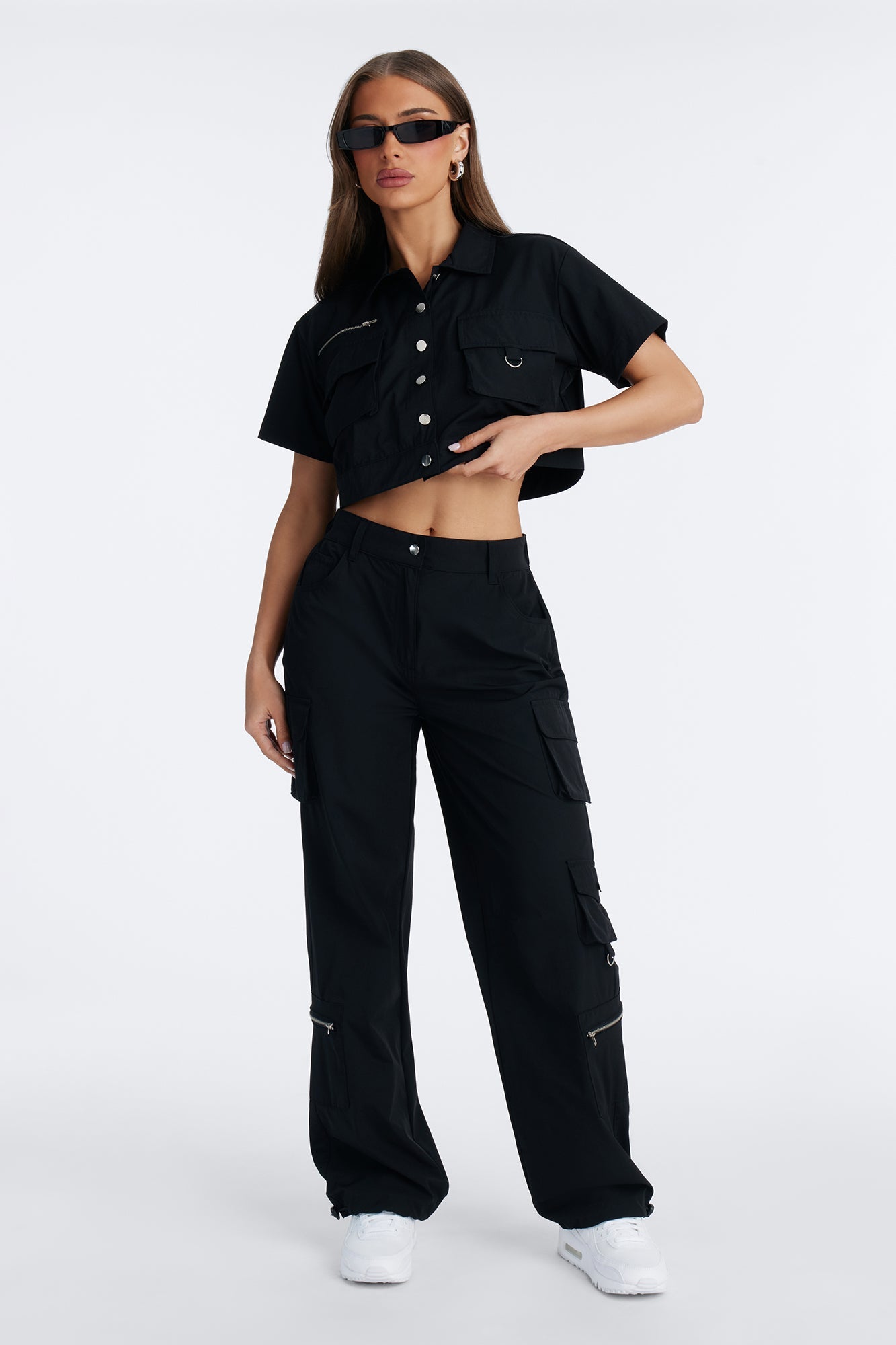 Nessa Nylon Cargo Pant Set - Black