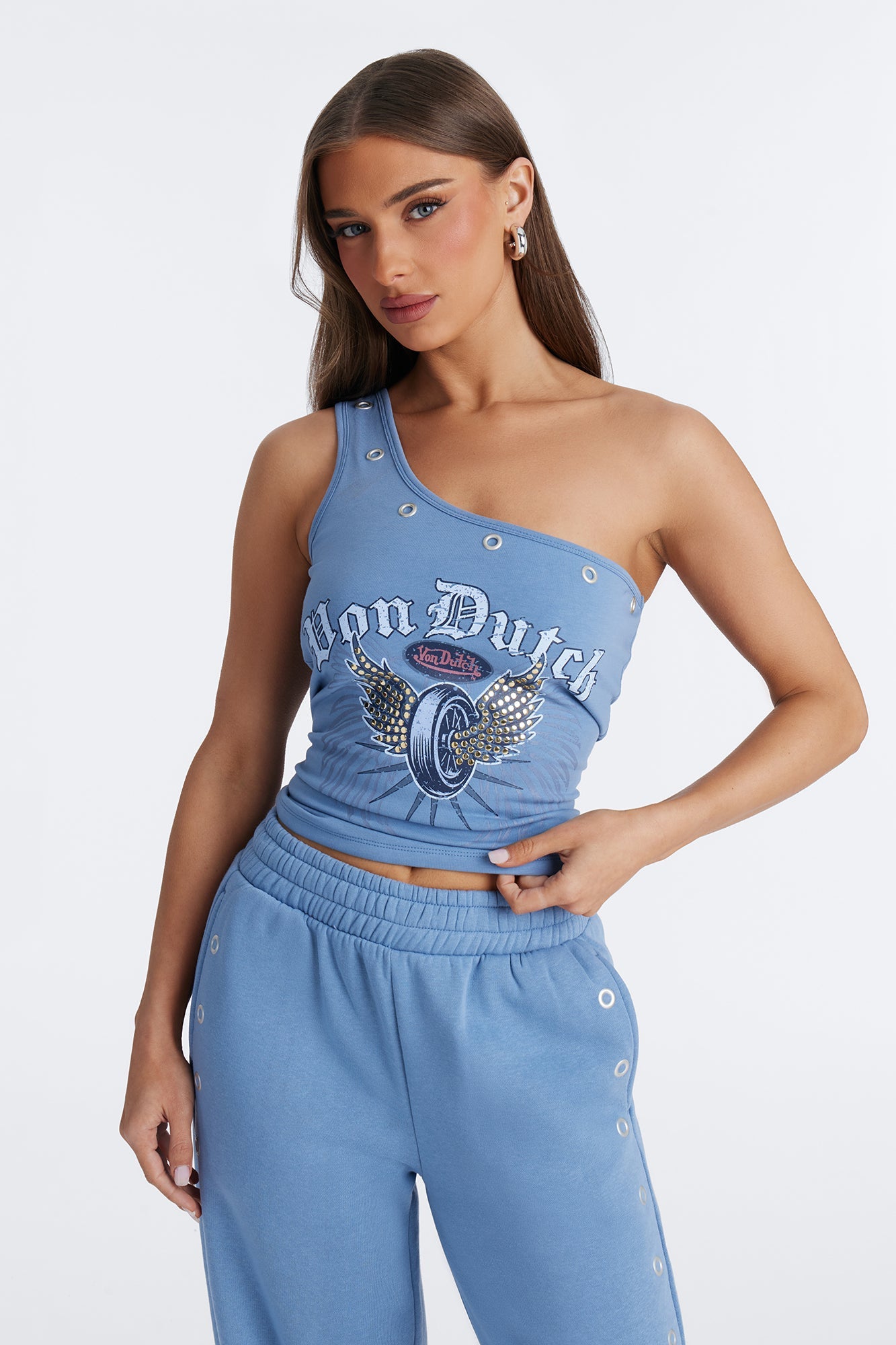 Von Dutch One Shoulder Studded Tank Top - Light Blue