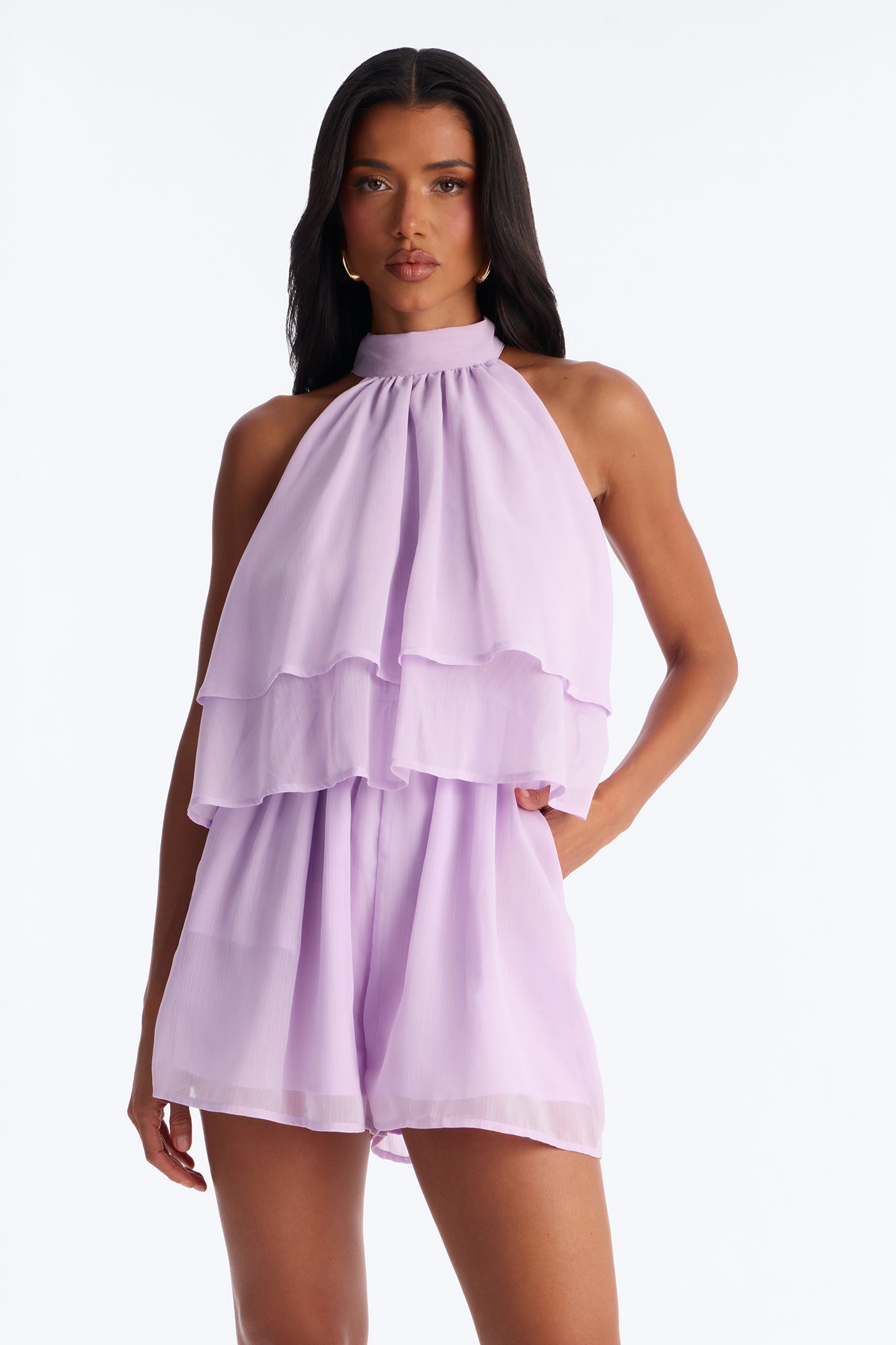 Josephine Chiffon Ruffle Romper - Lilac