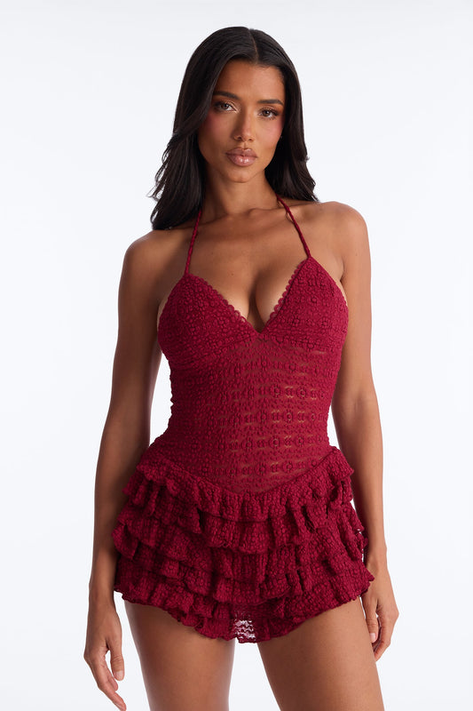 Fawn Lace Micro Romper - Wine