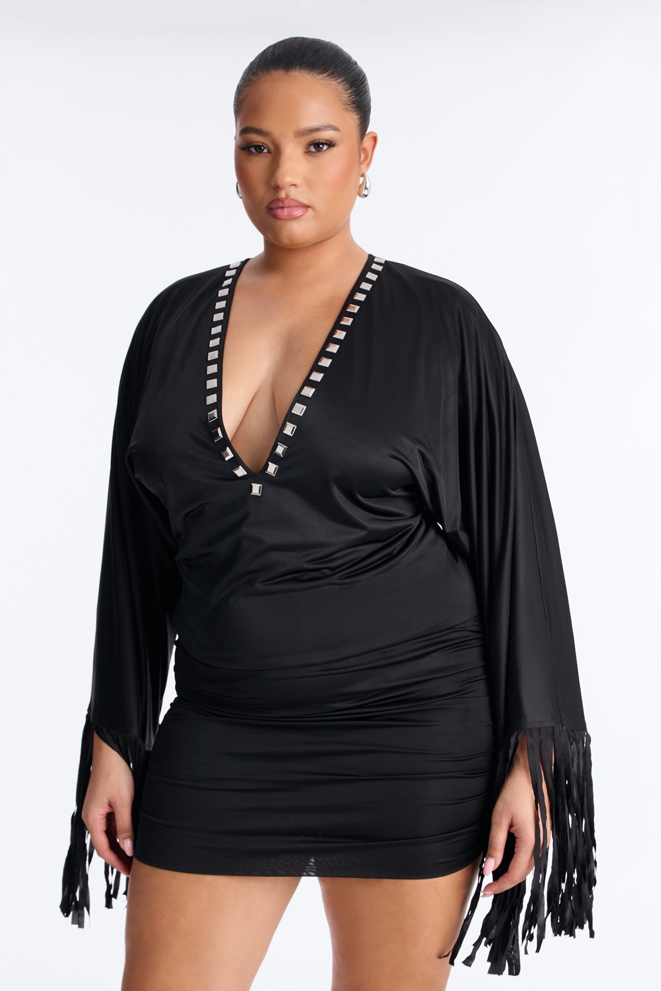 Cleo Studded Fringe Mini Dress - Black Fashion Nova