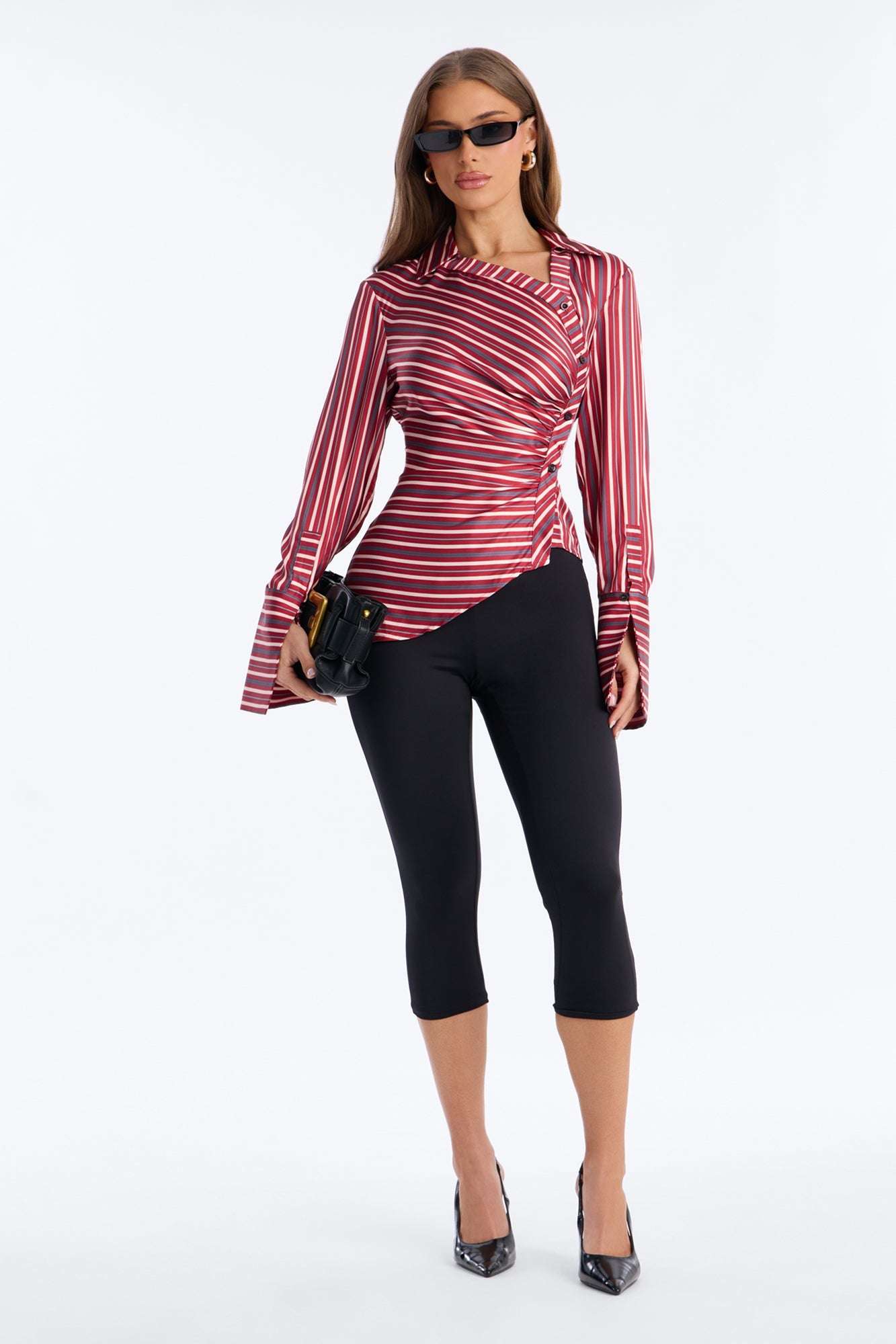 Office Cool Asymmetrical Striped Satin Shirt - Red/combo