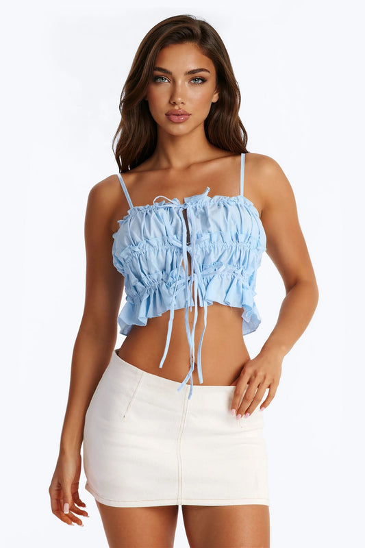 Maelle Tie Front Ruched Poplin Cami Top - Blue