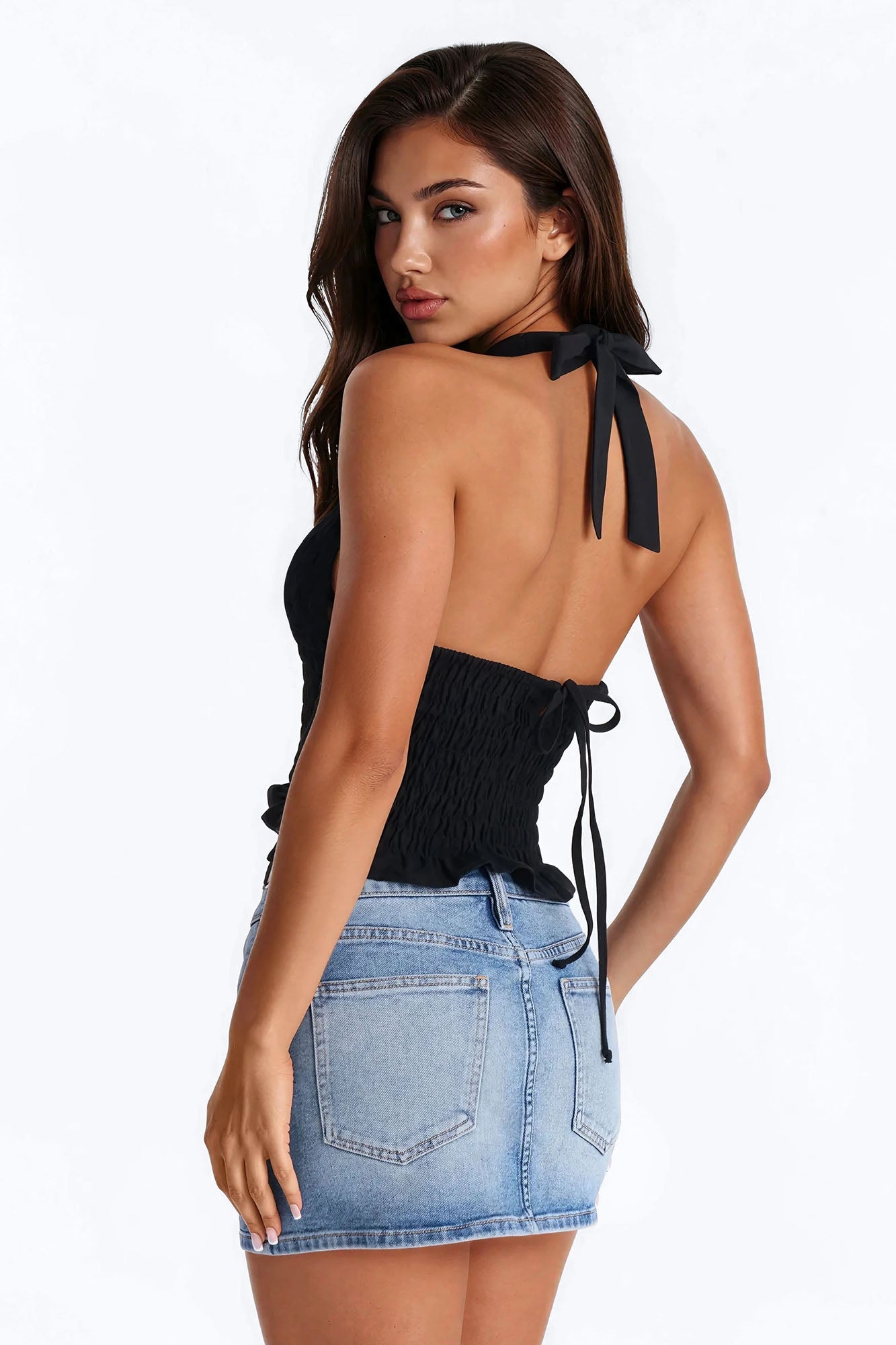 Gentle Mood Smocked Linen Halter Top - Black