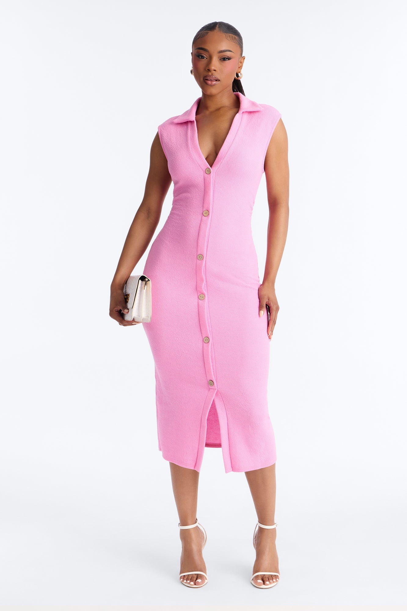 Edith Button Up Sweater Midi Dress - Pink