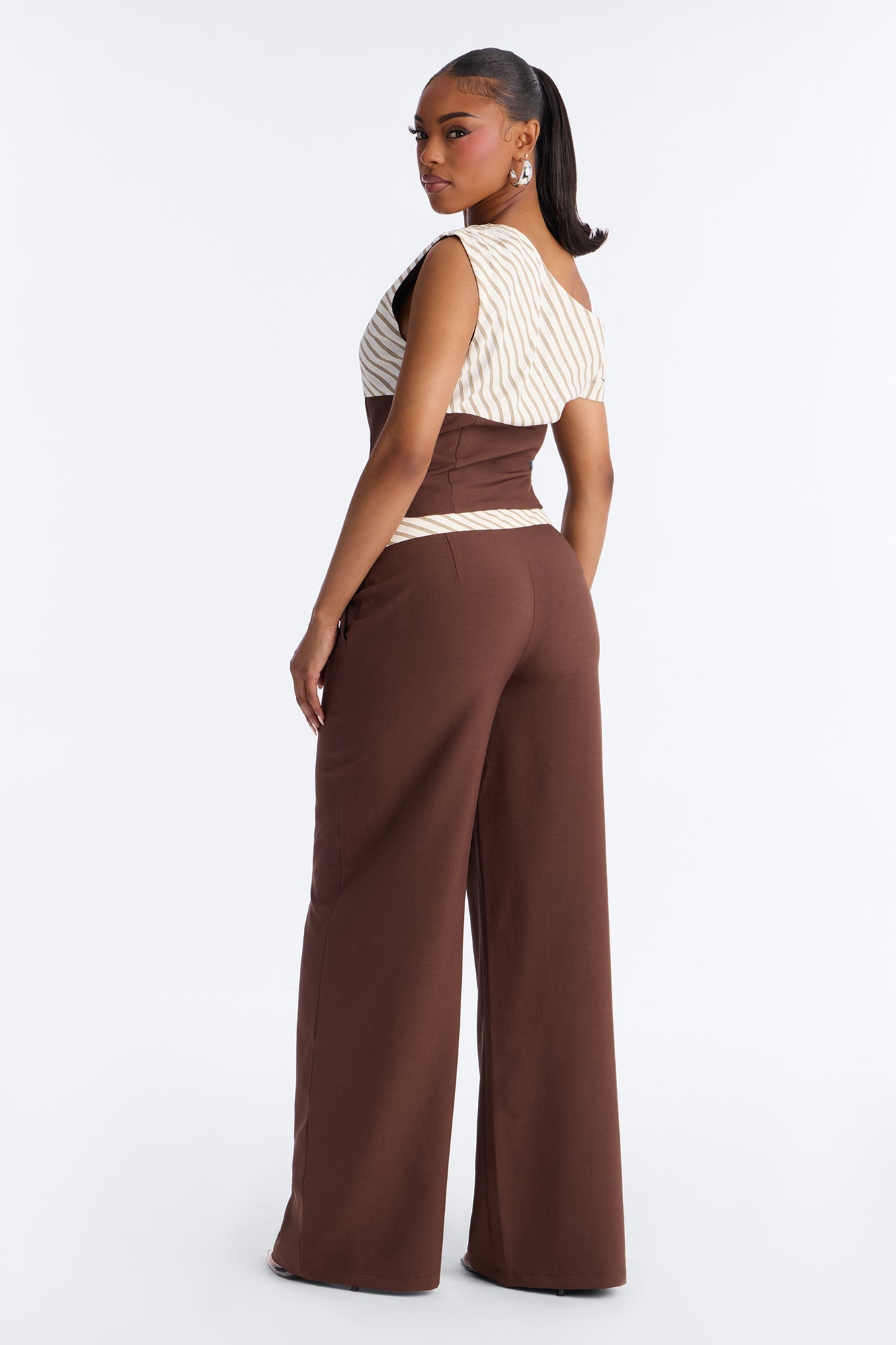 Georgia Striped Off The Shoulder Pant Set - Brown