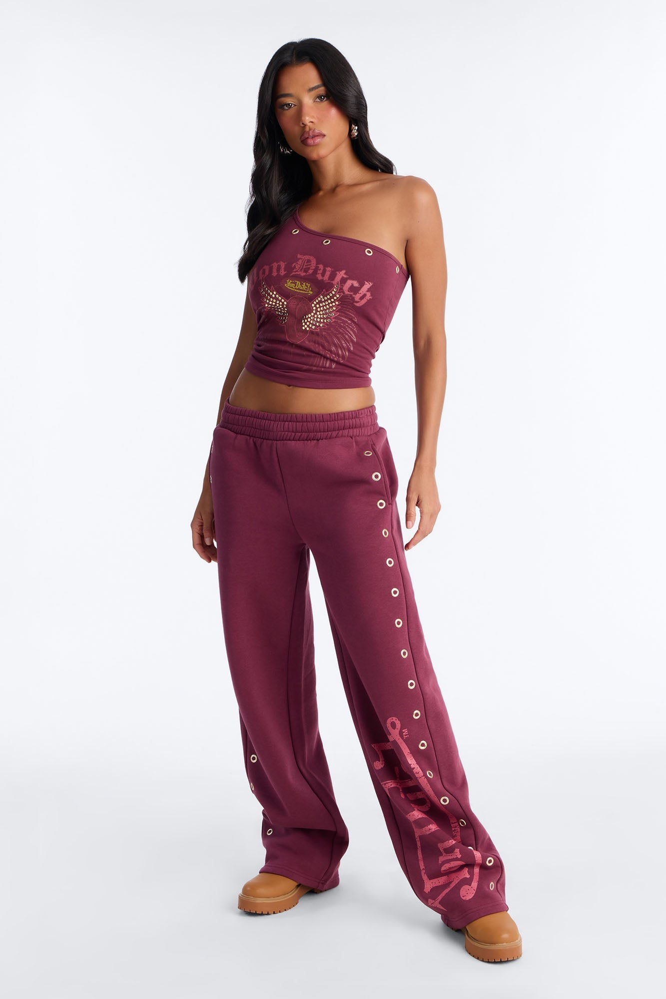 Von Dutch Studded One Shoulder Tank Top - Burgundy