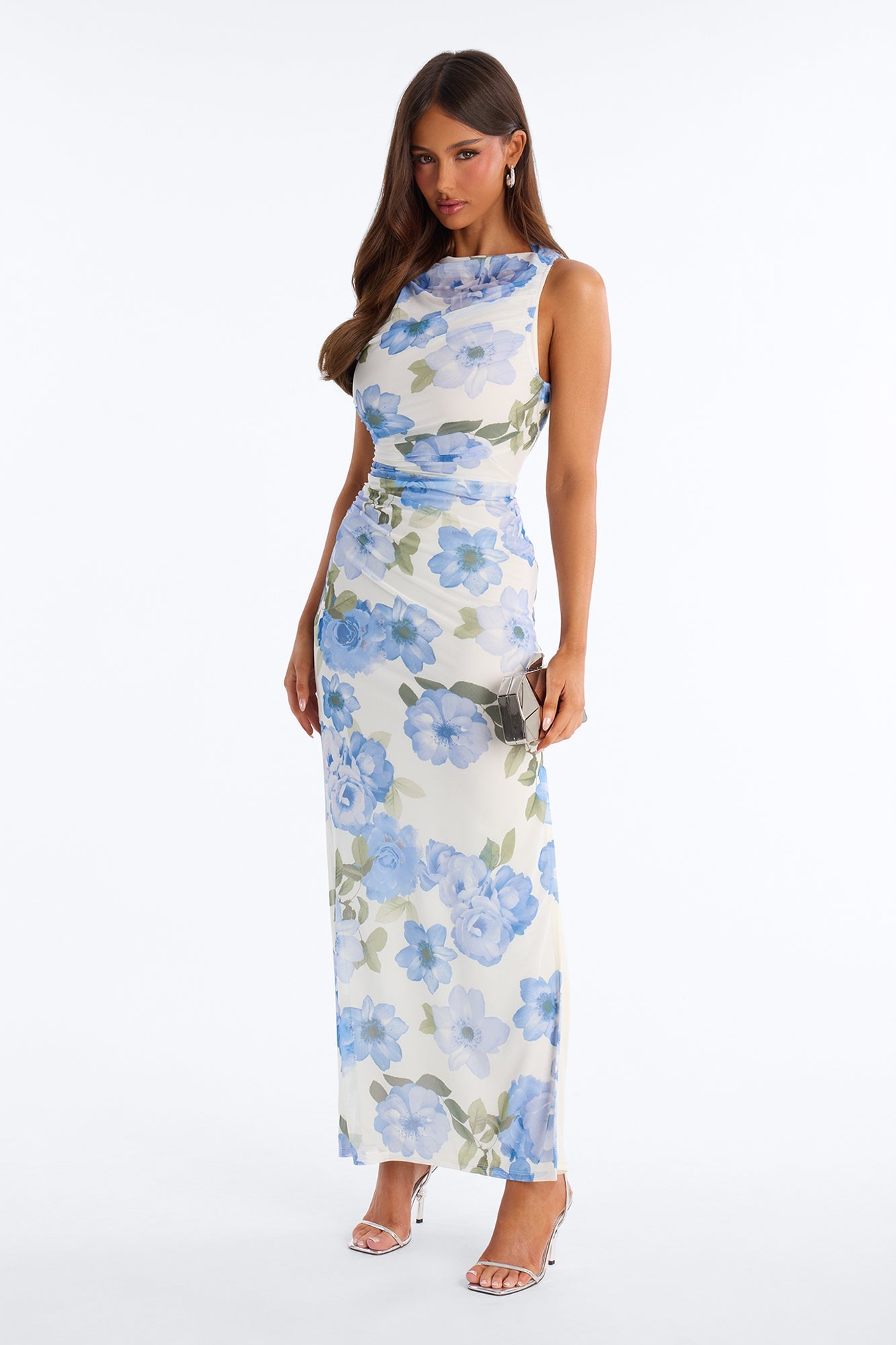 Skyla Ruched Mesh Maxi Dress - Blue/combo