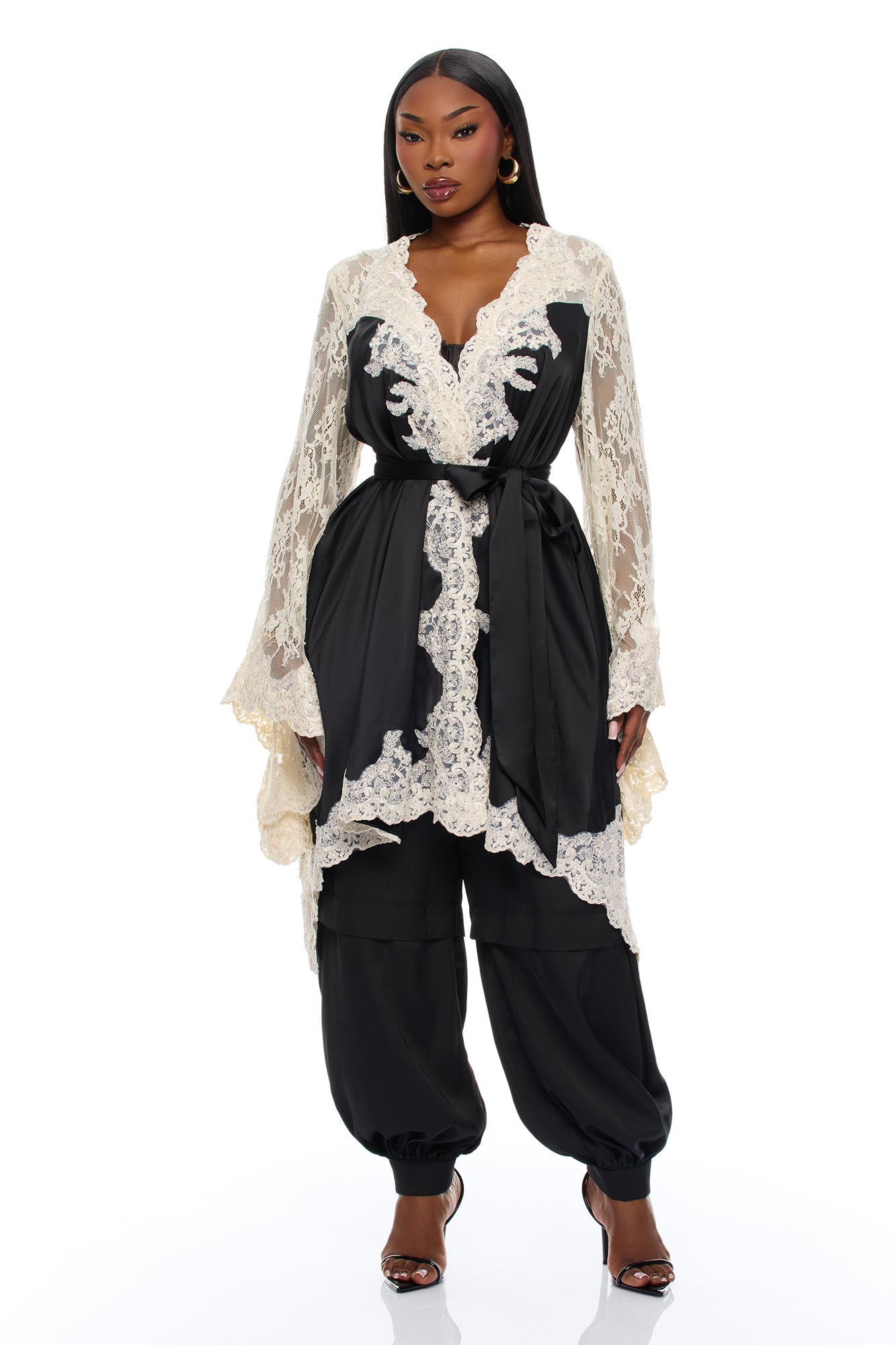 Cathryn Lace Satin Kimono - Black