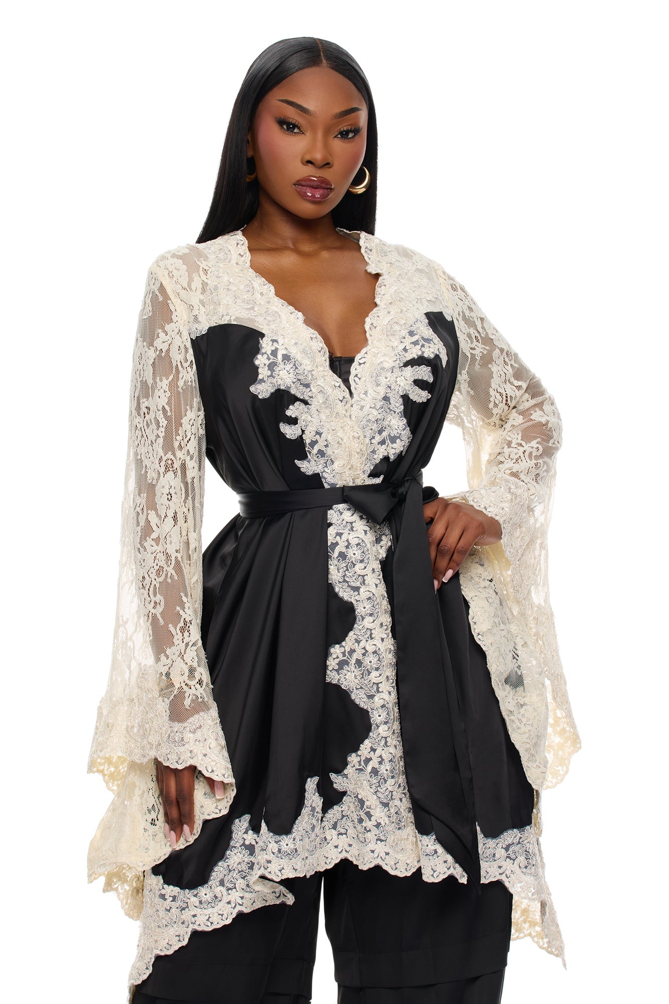 Cathryn Lace Satin Kimono - Black