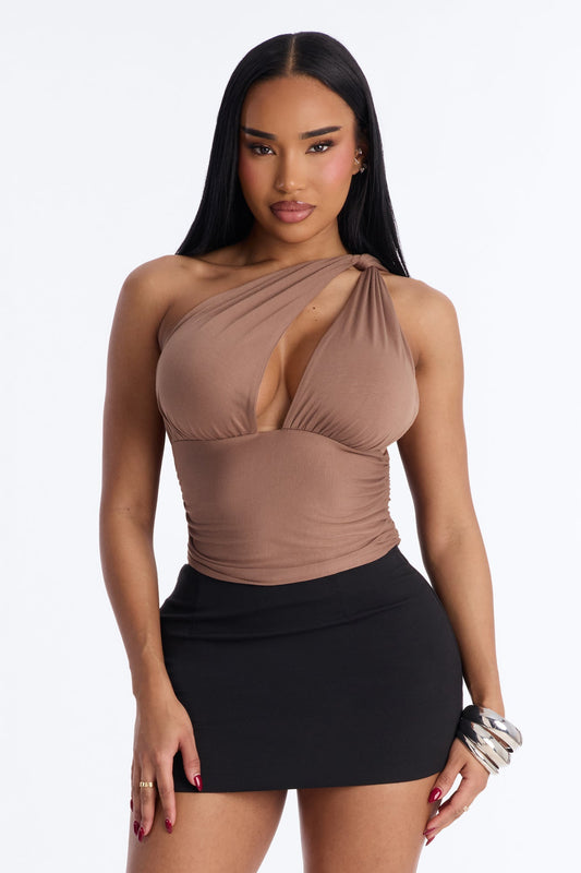Side Attraction One Shoulder Ruched Top - Mocha Fashion Nova