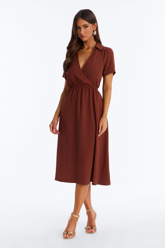 Caroline Cinched Midi Dress - Chocolate
