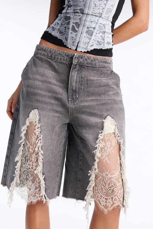 The Way It Goes Lace Detail Denim Jorts - Grey