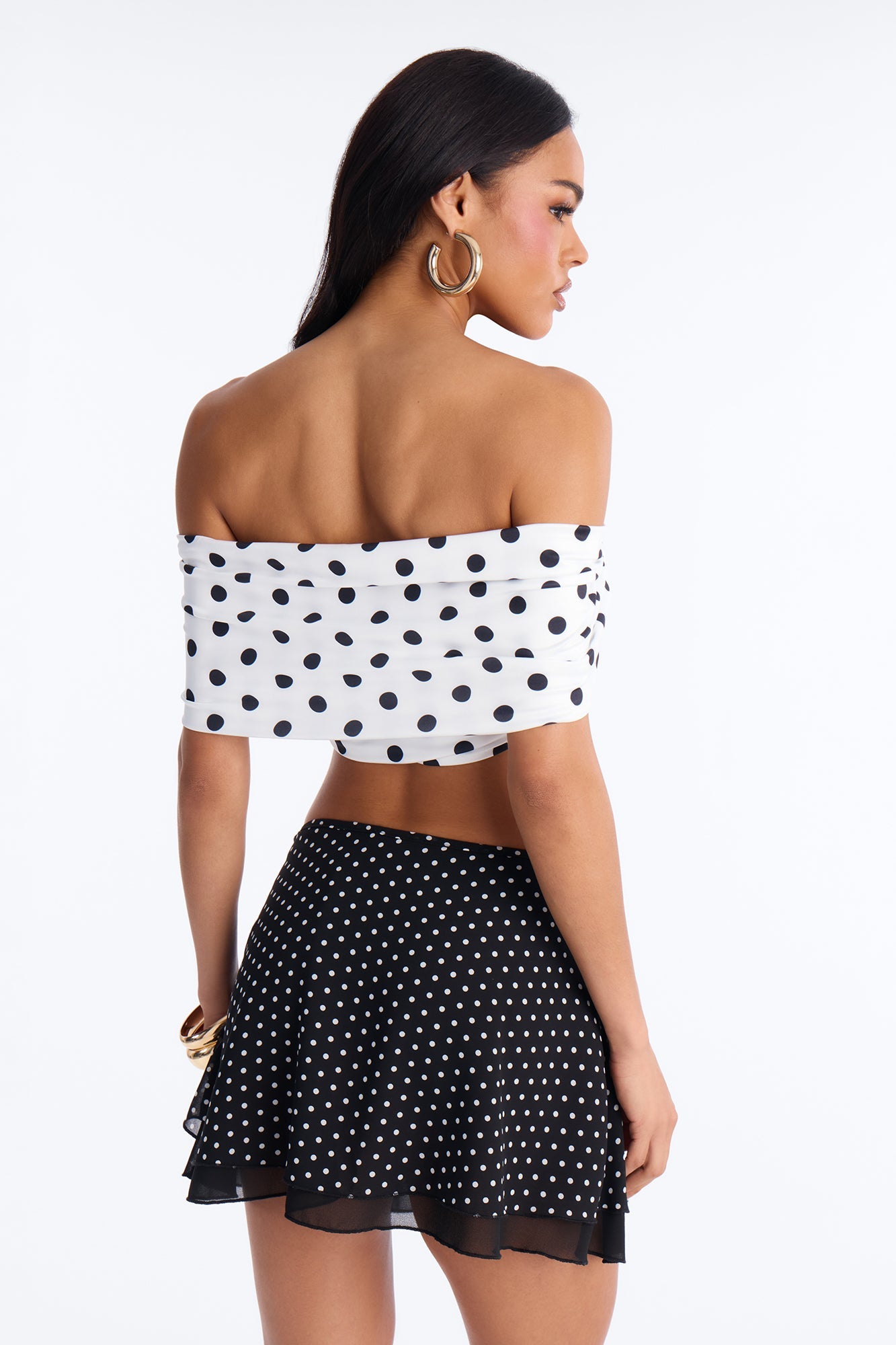 Nina Off Shoulder Ruched Polka Dot Crop Top - White/combo