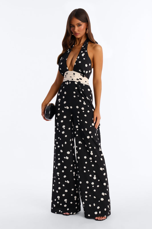 Casey Polka Dot Halter Wide Leg Jumpsuit - Black/combo