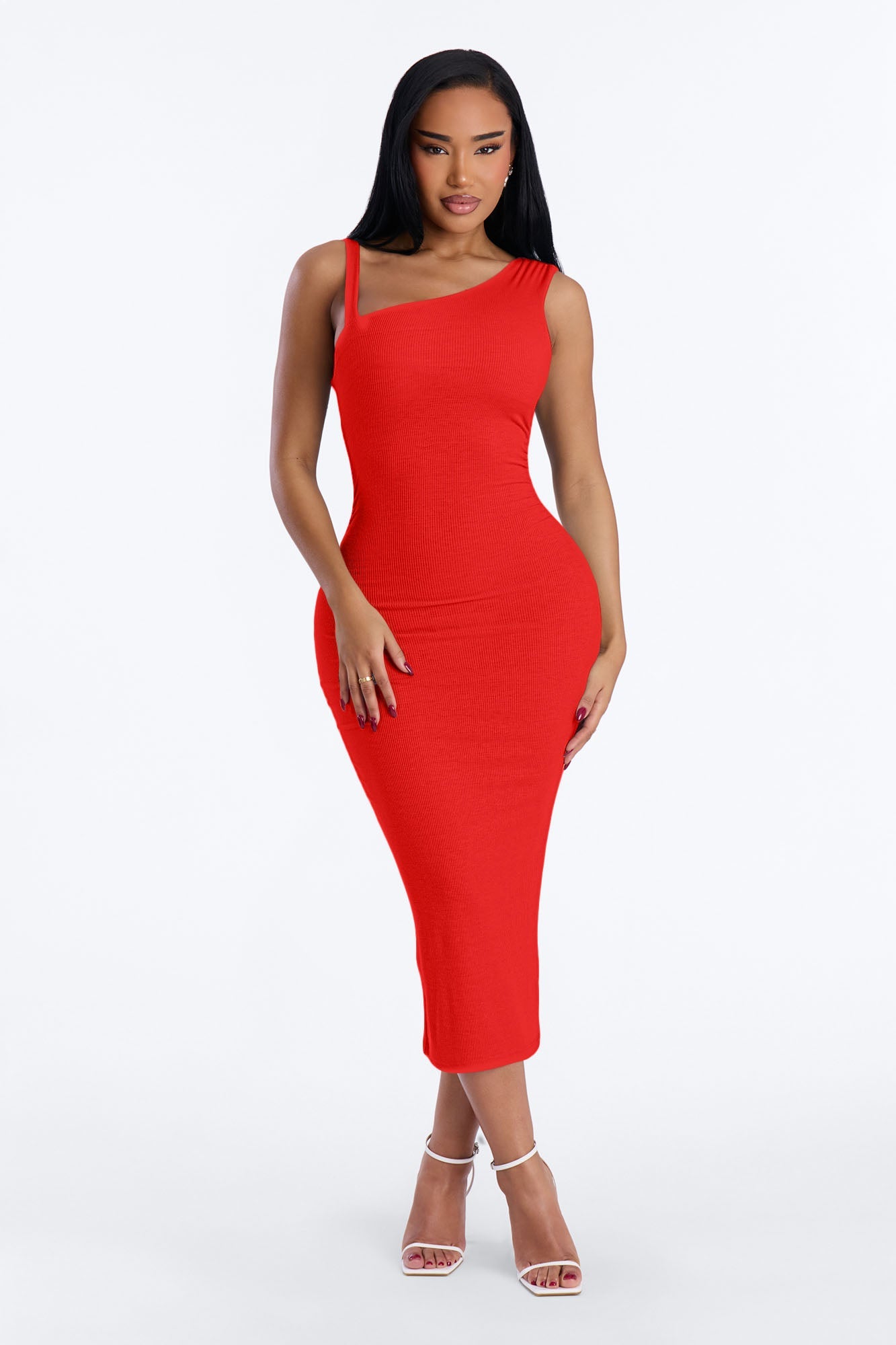 Adria Ribbed Midi Dress - Red