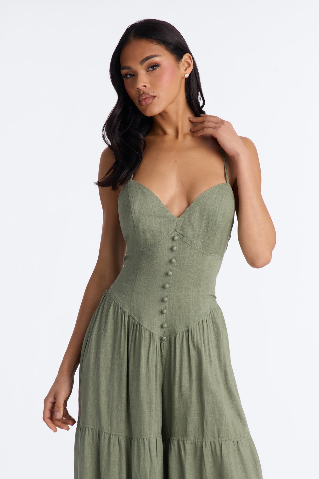 Belle Denim Tiered Wide Leg Jumpsuit - Olive