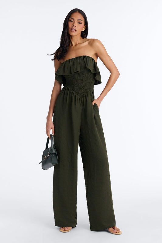 Coco Strapless Smocked Wide Leg Jumpsuit - Olive