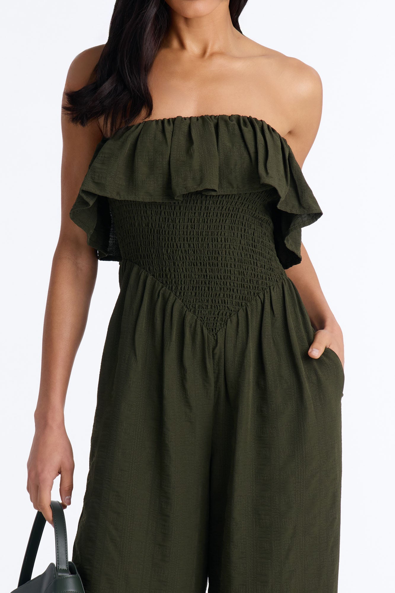 Coco Strapless Smocked Wide Leg Jumpsuit - Olive