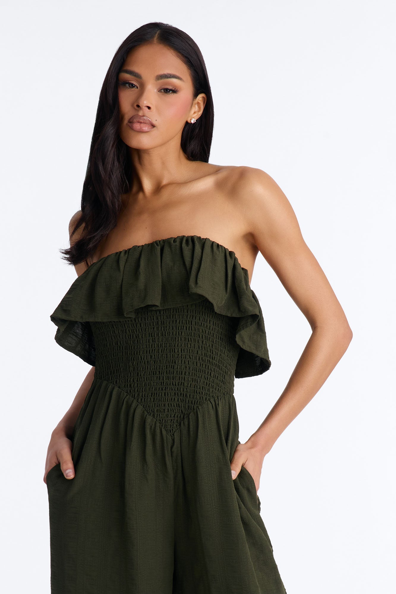 Coco Strapless Smocked Wide Leg Jumpsuit - Olive