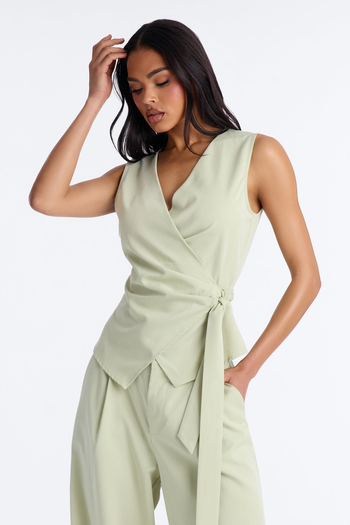 Sarah Fitted Vest Pant Set - Sage