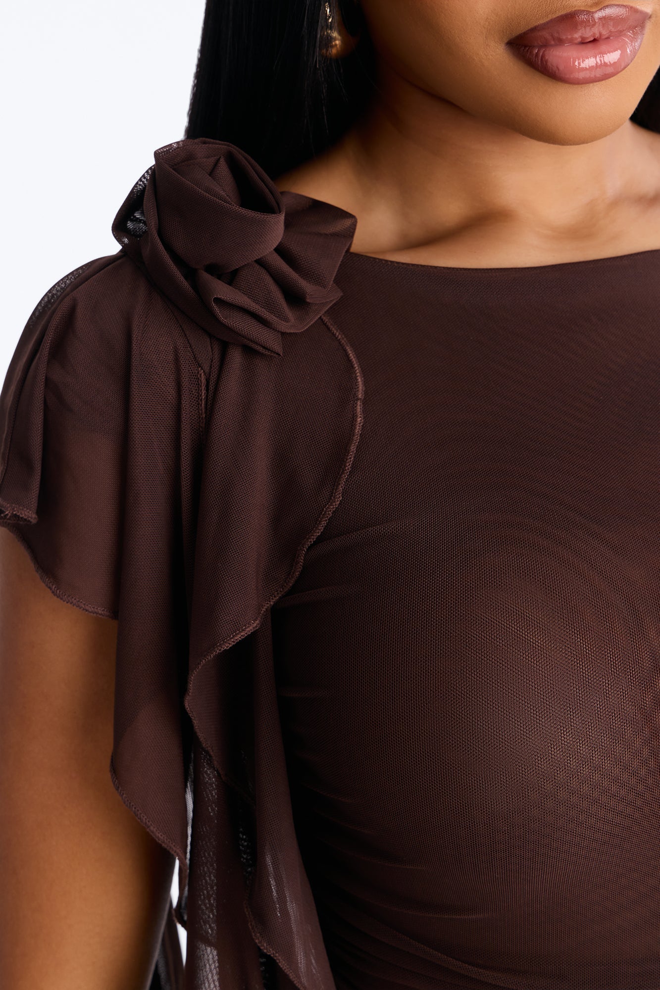 Haley Ruffle Mesh Cap Sleeve Bodysuit - Chocolate Fashion Nova