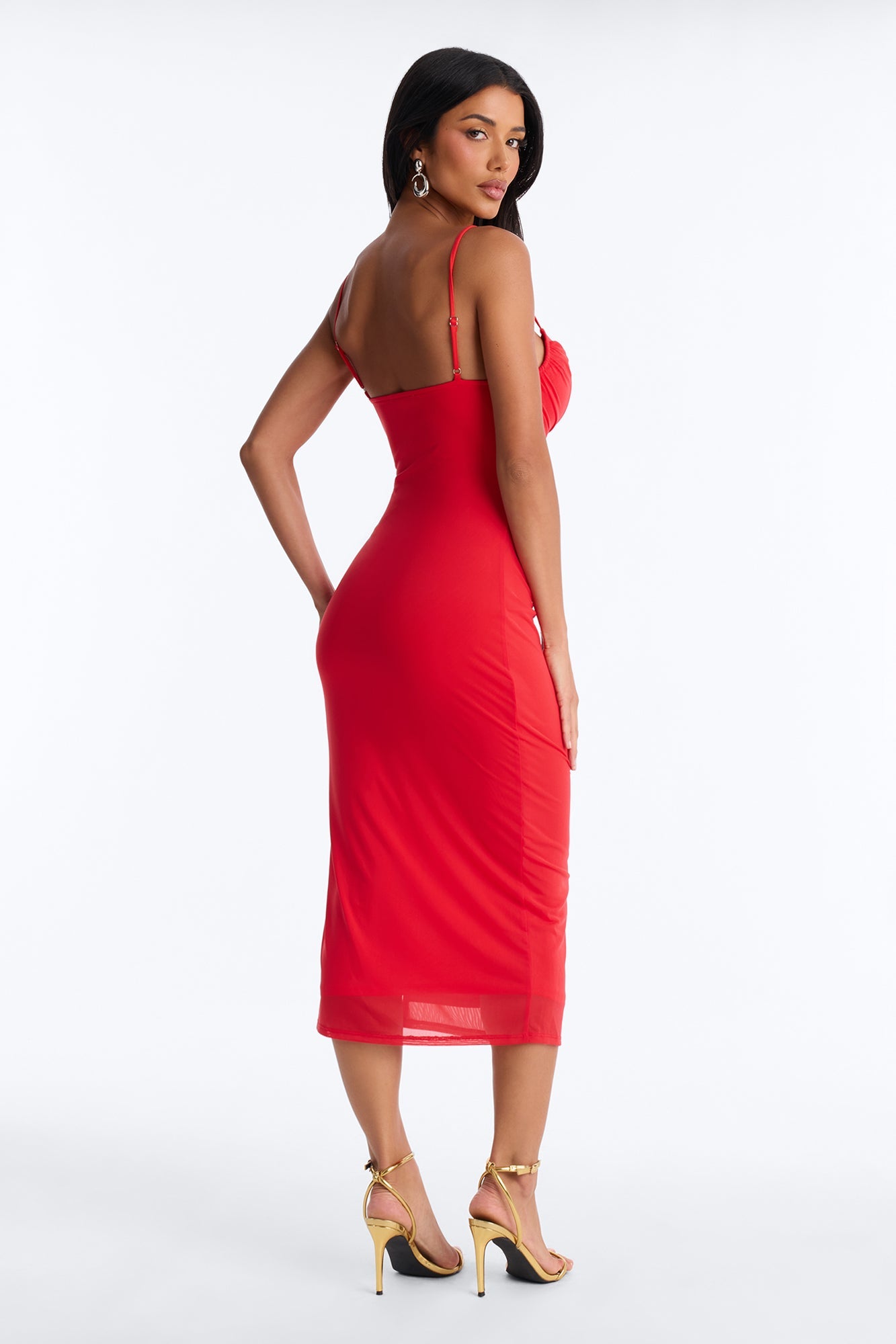 Megan Ruched Mesh Midi Dress - Red