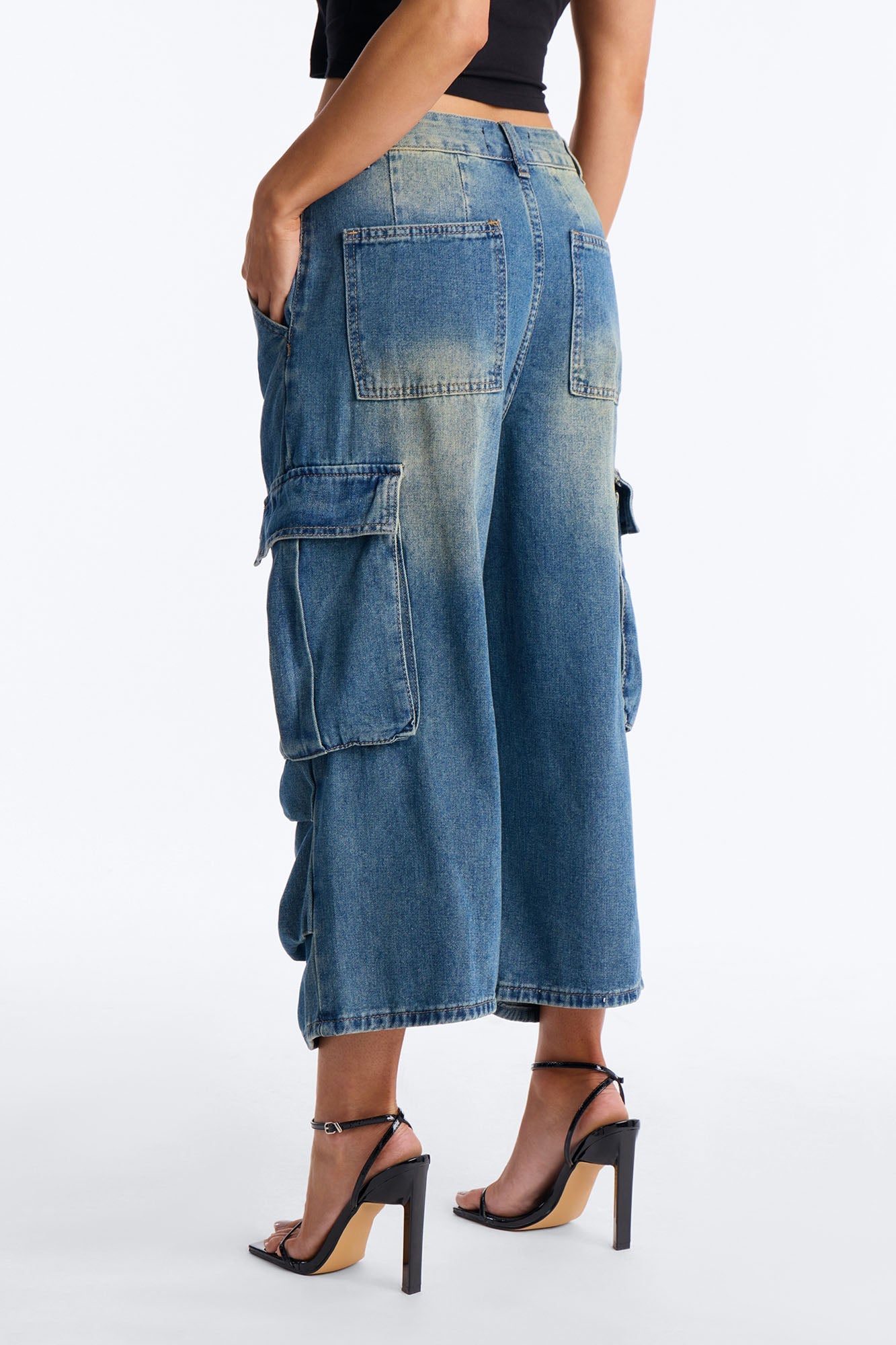 Sunset Junction Baggy Cropped Cargo Jeans - Vintage Wash