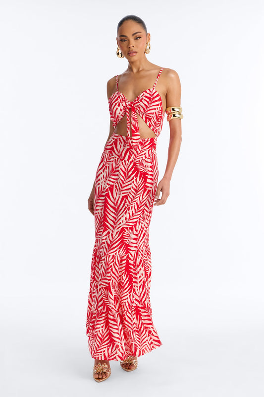 Kaylie Printed Tie Front Maxi Dress - Red/combo