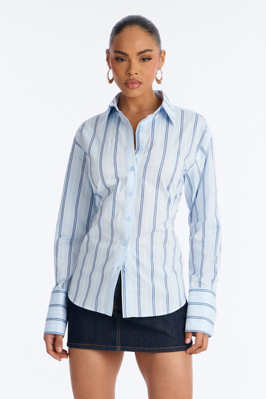 Silent Flex Lace Up Stripe Poplin Shirt - Blue/combo