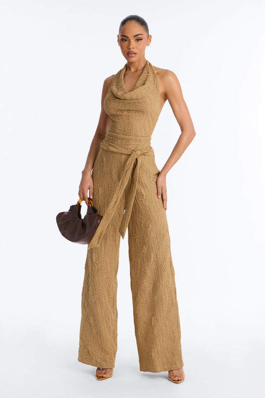 Emmy Textured Tie Waist Jumpsuit - Olive Fashion Nova