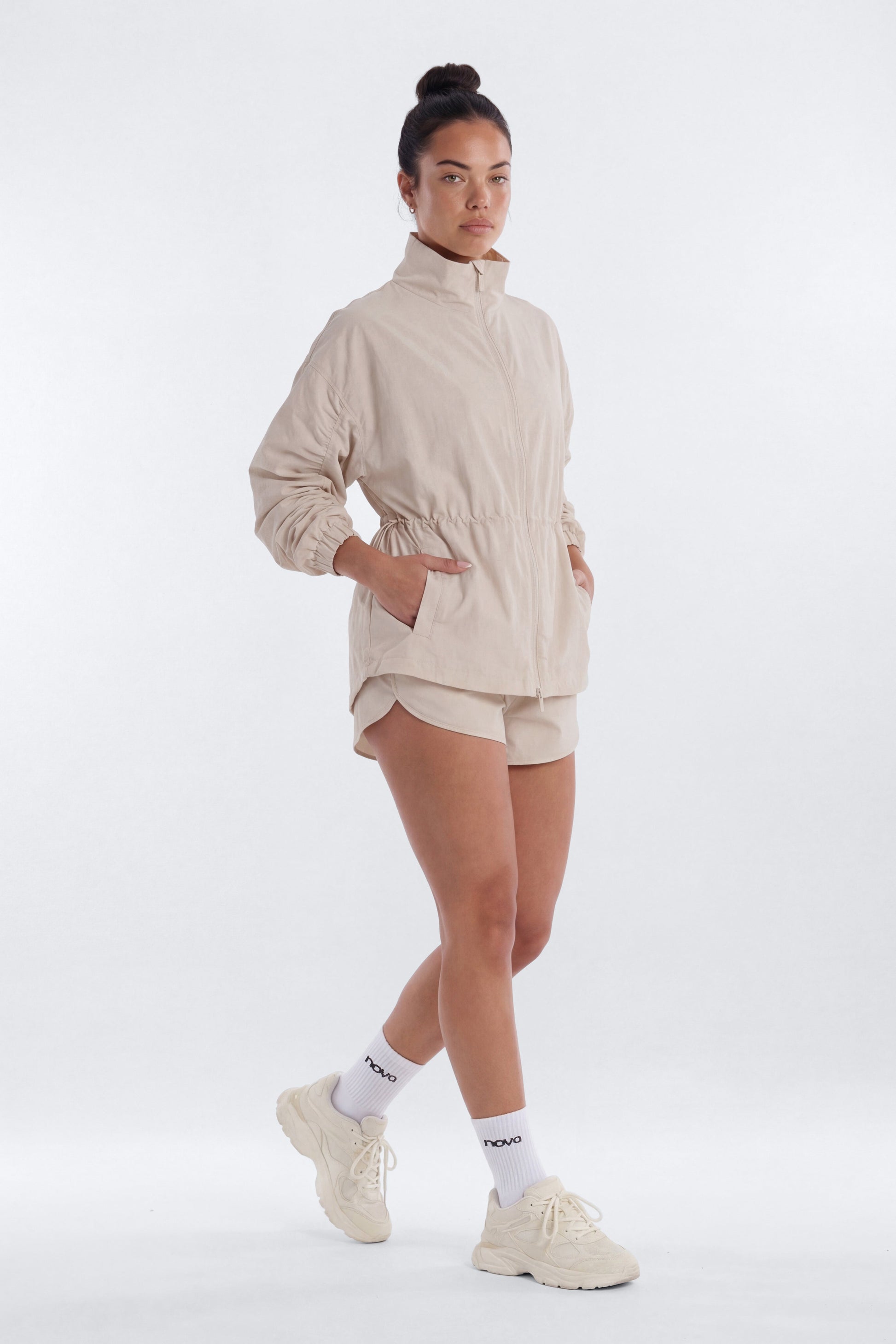 CoreNylon Ruched Mock Neck Jacket - Oat Milk Fashion Nova