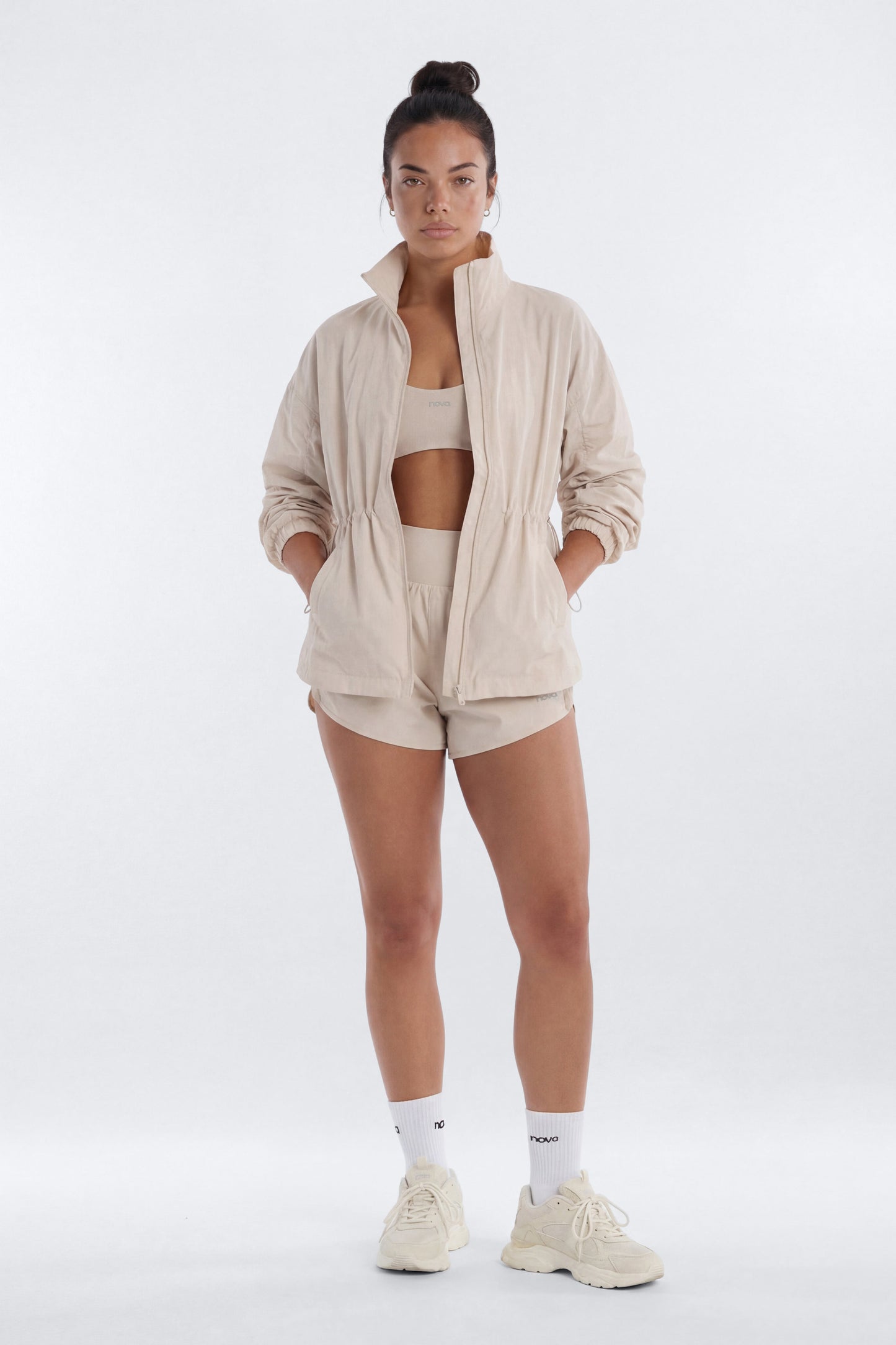 CoreNylon Ruched Mock Neck Jacket - Oat Milk Fashion Nova