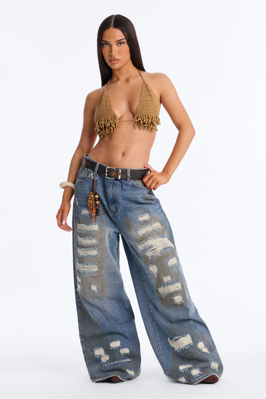 Click Bait Charm Ripped Belted Tinted Baggy Jeans - Vintage Wash