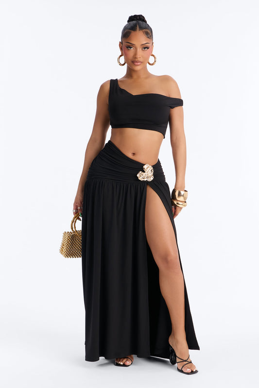 Marilyn Off Shoulder High Slit Maxi Skirt Set - Black