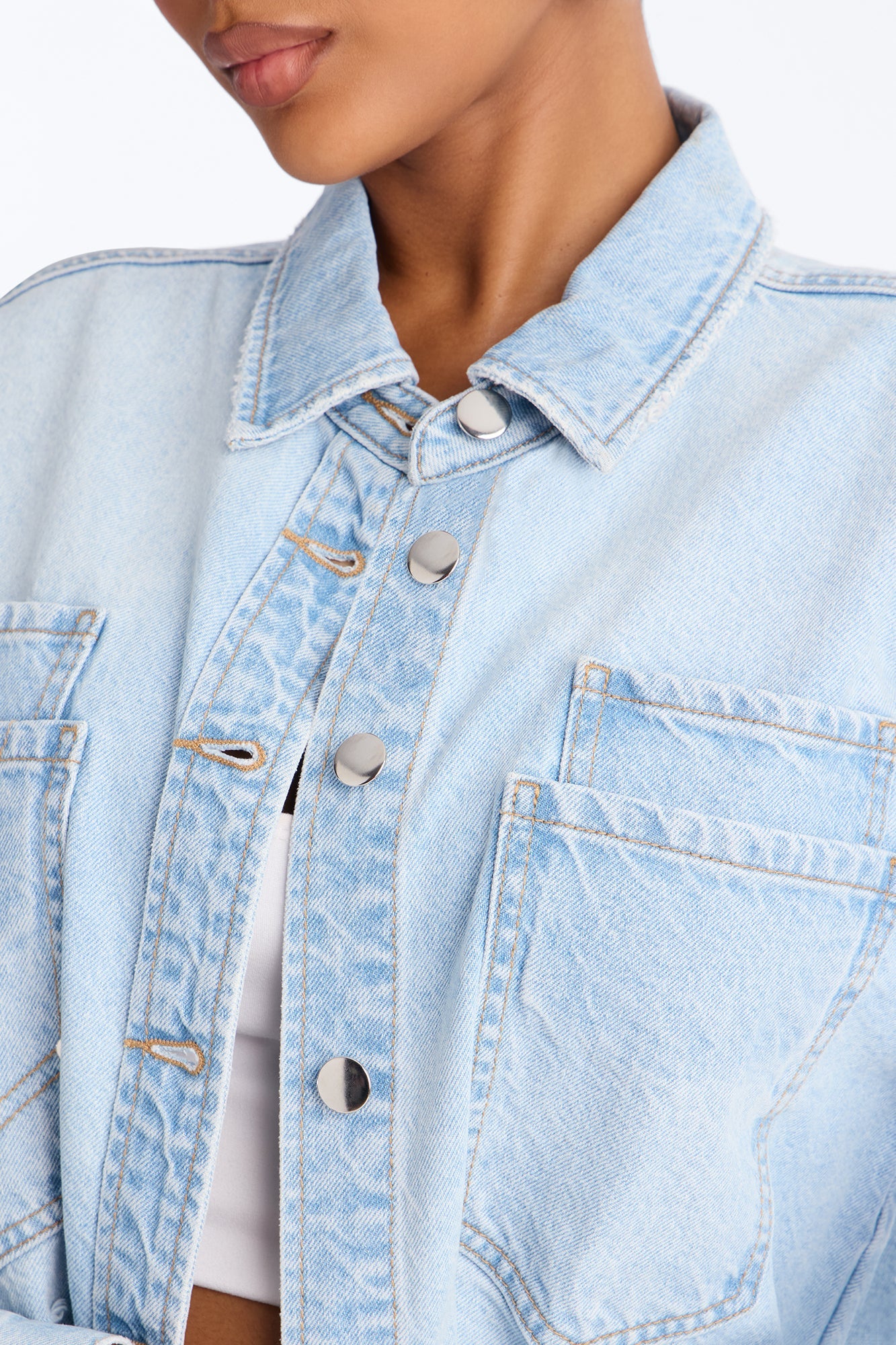 Clean Break Double Pocket Denim Shacket - Light Wash