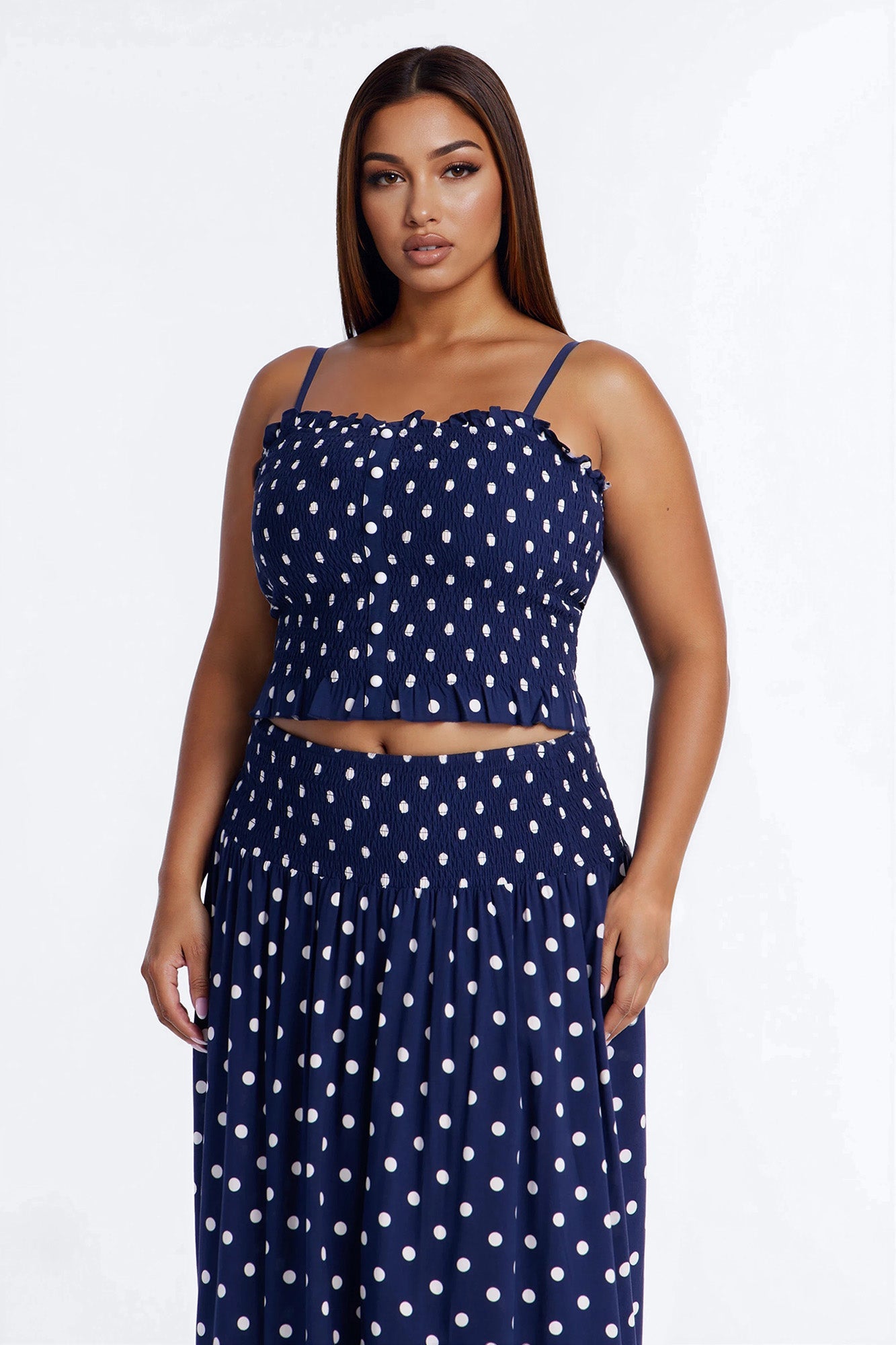 Sasha Satin Polka Dot Maxi Skirt Set - Navy/combo
